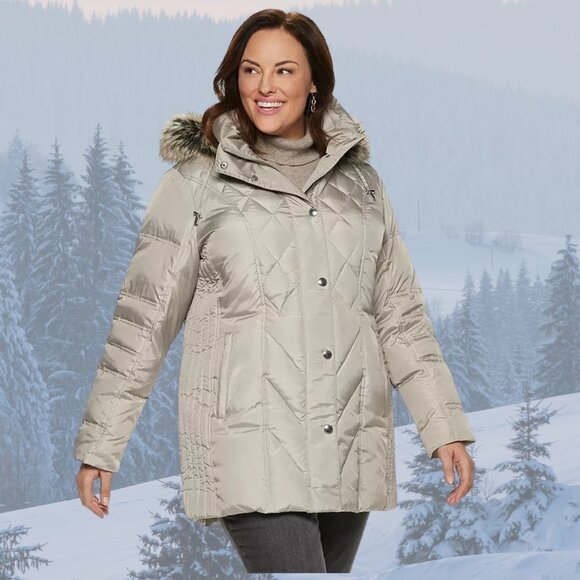 NWT - London Fog Faux-Fur-Trimmed Down Puffer Coat w/Hood - Pearl - Picture 1 of 11